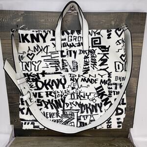 DKNY Tilly White Graffiti Tote Convertible Crossbody Shoulder Bag Purse READ